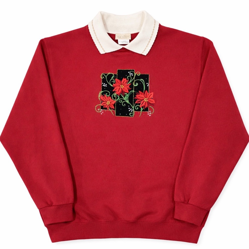 Vintage Top Stitch 90s collared crewneck stitched Floral Women's Sweater